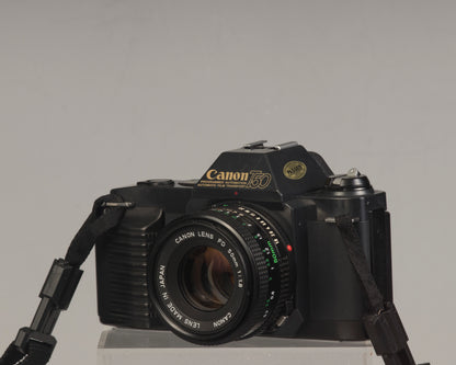 The Canon T50 35mm film SLR with the Canon FD 50mm f1.8 lens