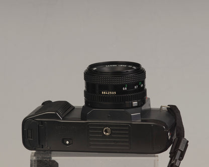 The Canon T50 35mm film SLR with the Canon FD 50mm f1.8 lens