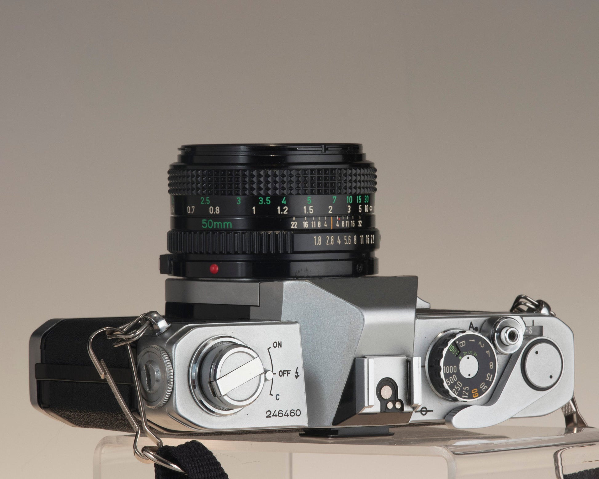 Canon FTb 35mm SLR camera with Canon FD 1:1.8 lens. Angled top view