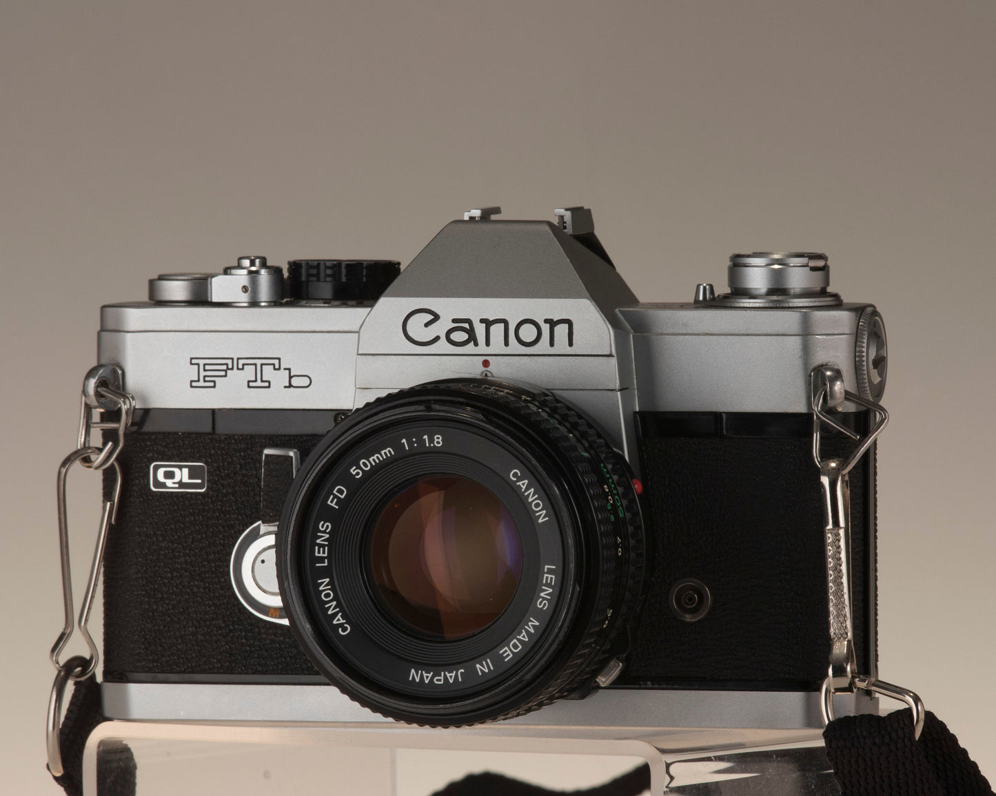 Canon FTb 35mm SLR camera with Canon FD 1:1.8 lens. Front view