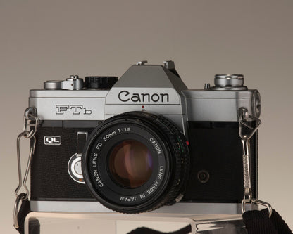 Canon FTb 35mm SLR camera with Canon FD 1:1.8 lens. Front view
