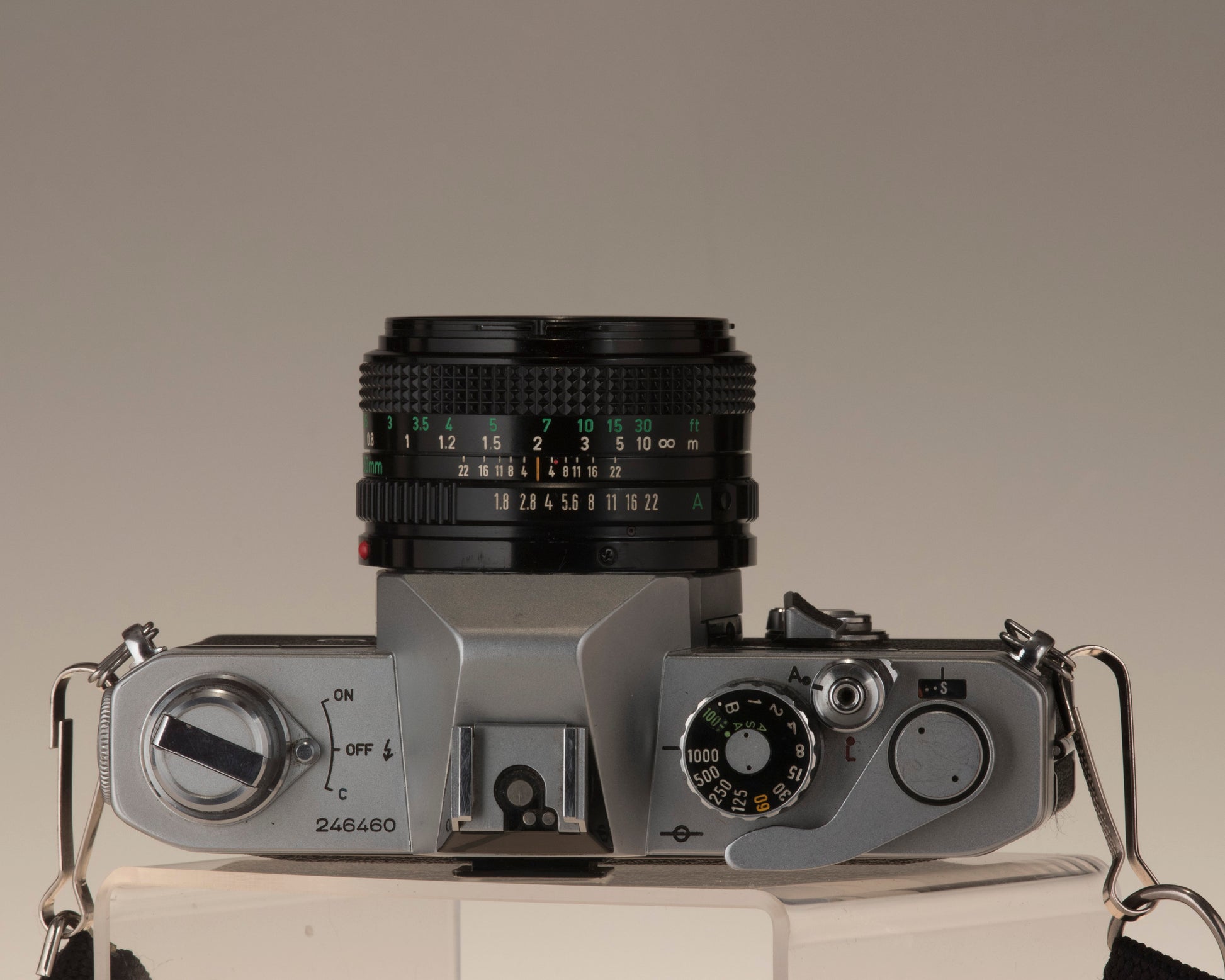 Canon FTb 35mm SLR camera with Canon FD 1:1.8 lens. Top view.