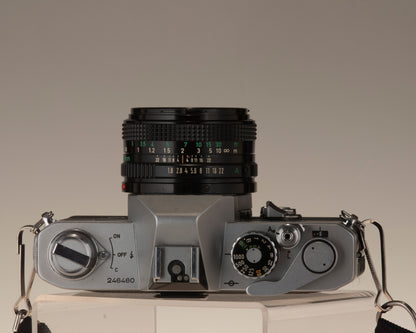 Canon FTb 35mm SLR camera with Canon FD 1:1.8 lens. Top view.