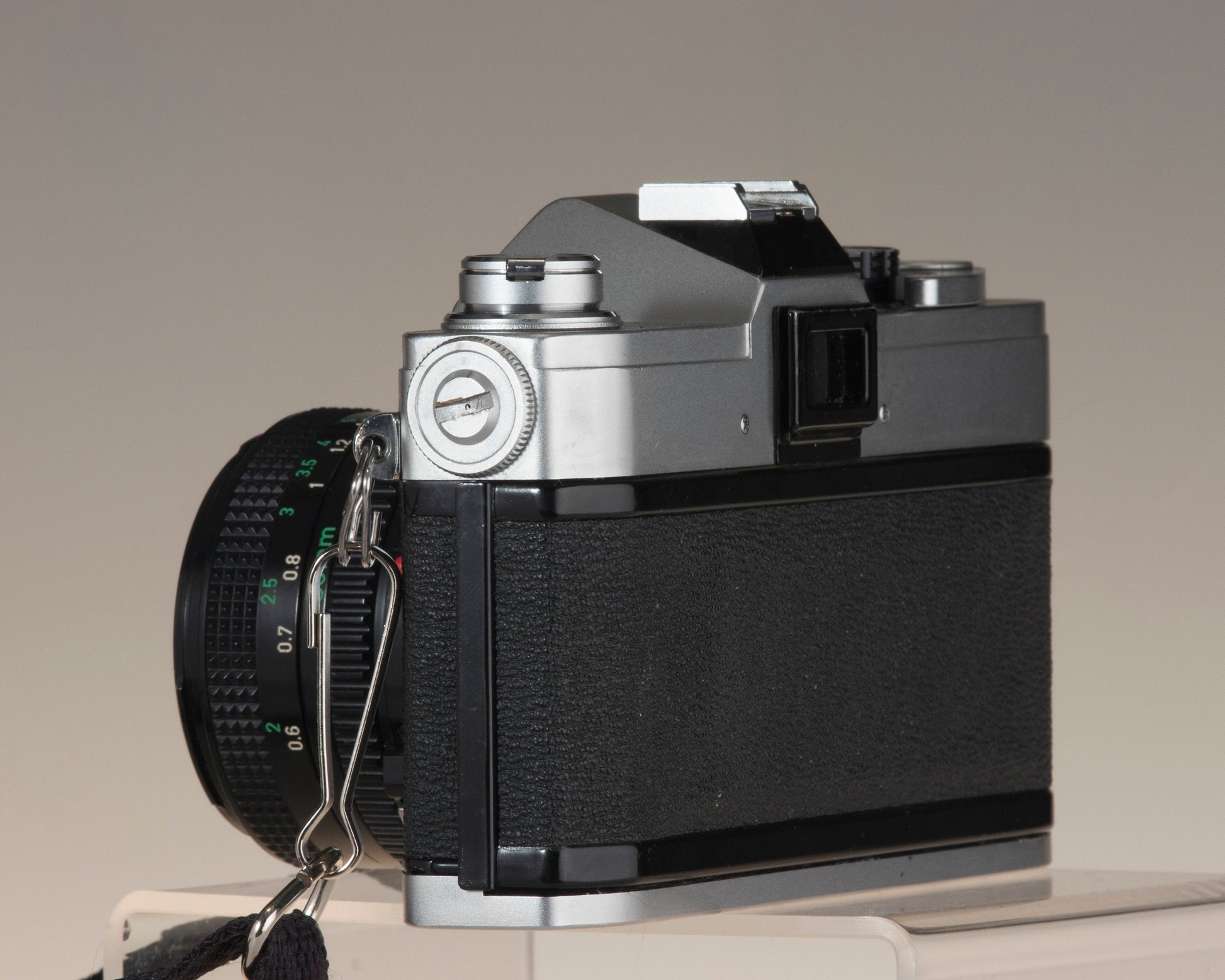 Canon FTb 35mm SLR camera with Canon FD 1:1.8 lens. Angled rear view