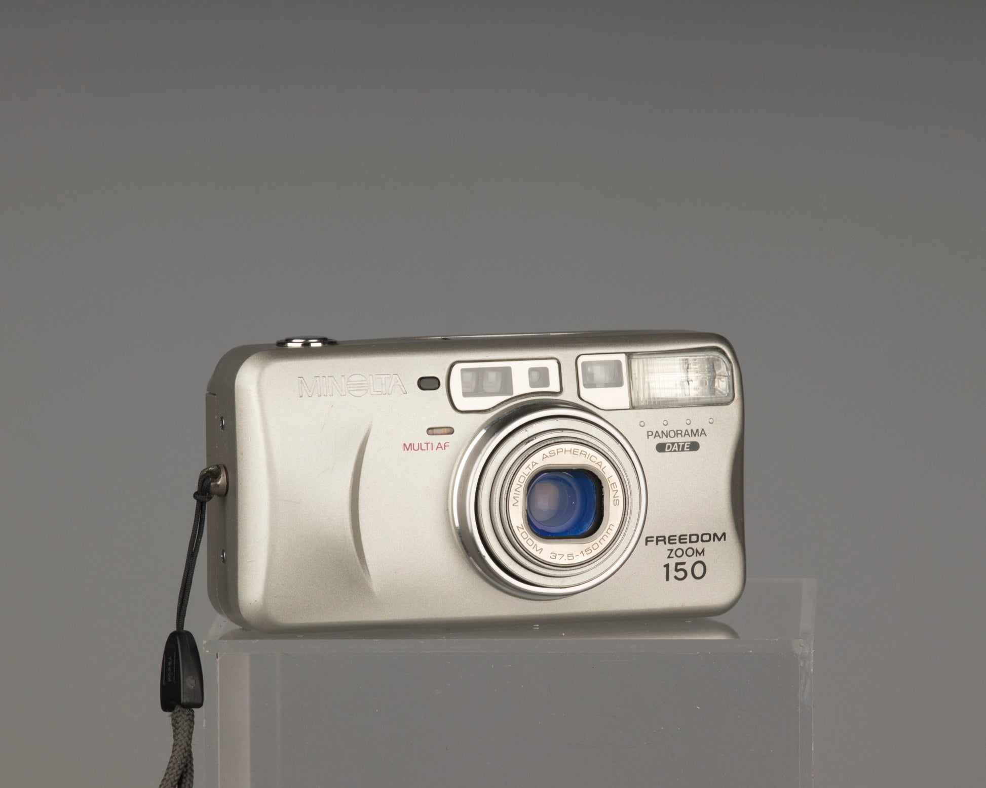 The Minolta Freedom Zoom 150 compact 35mm film camera. This camera was also sold as the Minolta Riva Zoom 150