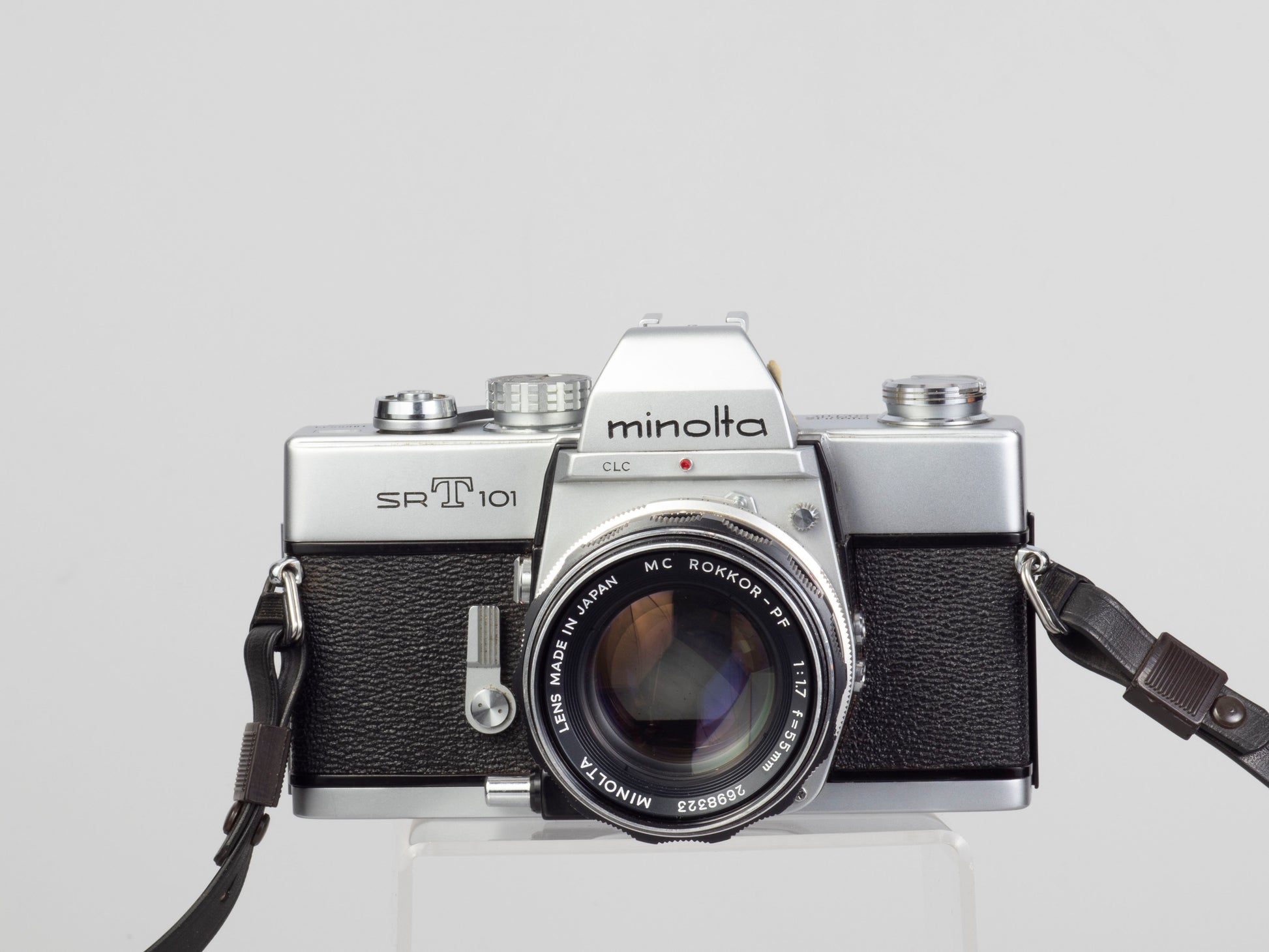 The Minolta SRT-101 35mm film SLR camera with MC Rocker PF 55mm f1.7 lens
