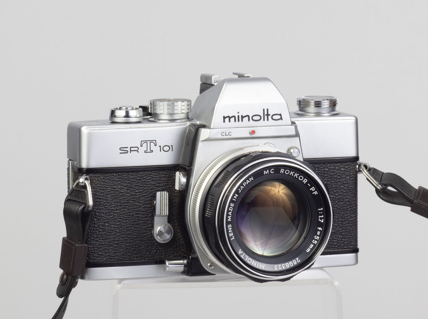 The Minolta SRT-101 35mm film SLR camera with MC Rocker PF 55mm f1.7 lens