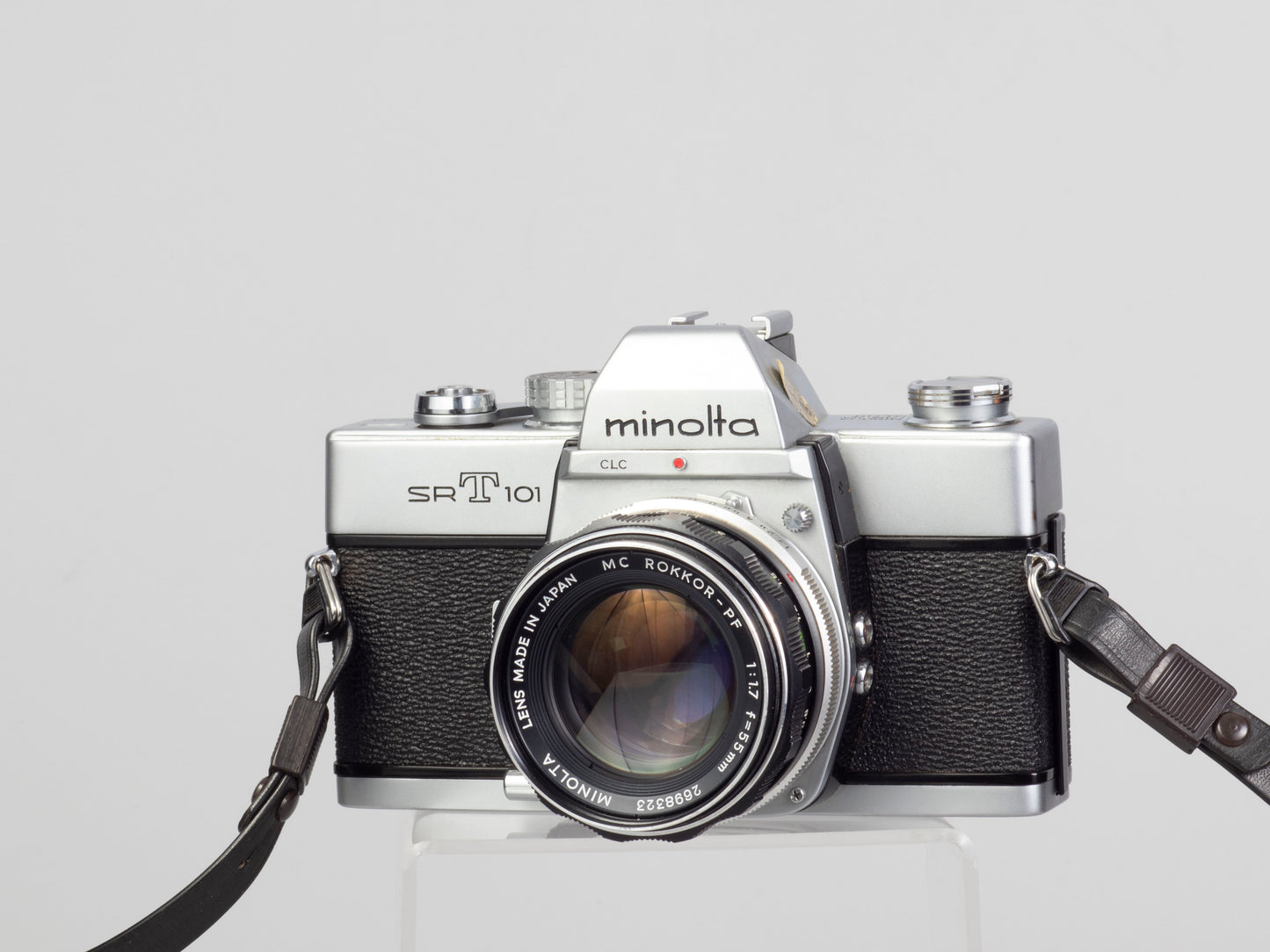 The Minolta SRT-101 35mm film SLR camera with MC Rocker PF 55mm f1.7 lens