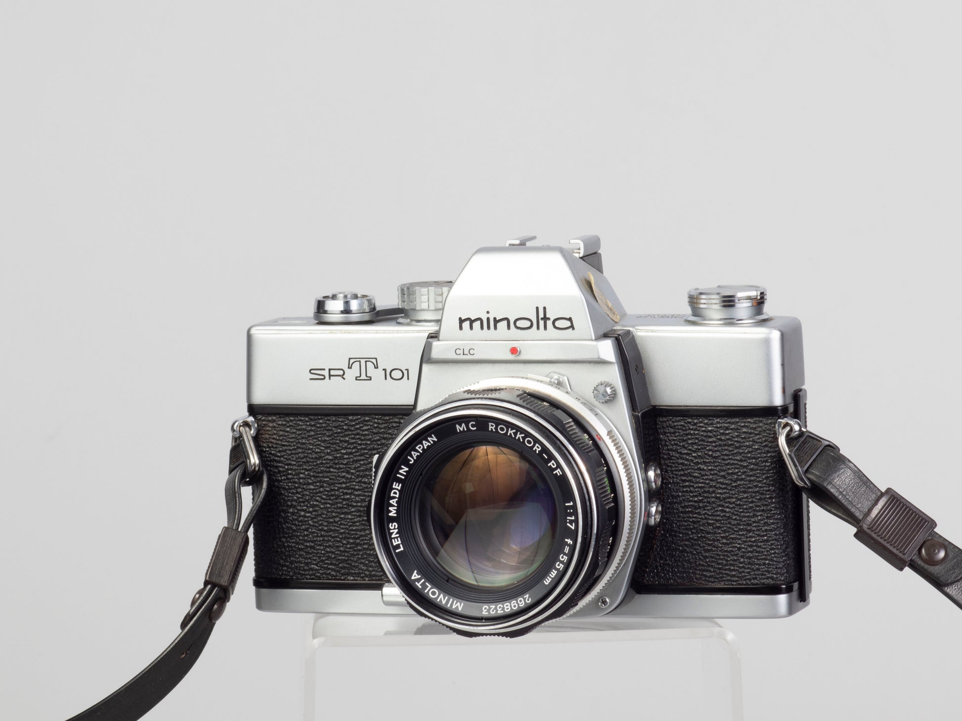 The Minolta SRT-101 35mm film SLR camera with MC Rocker PF 55mm f1.7 lens