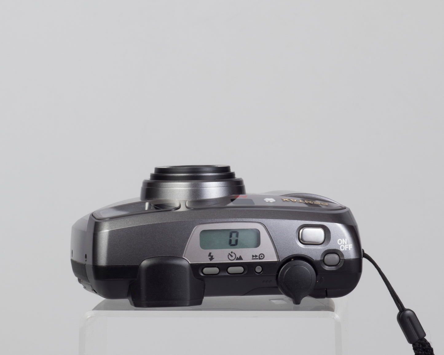 The Pentax Espio 80 35mm point-and-shoot (top view, switched on)
