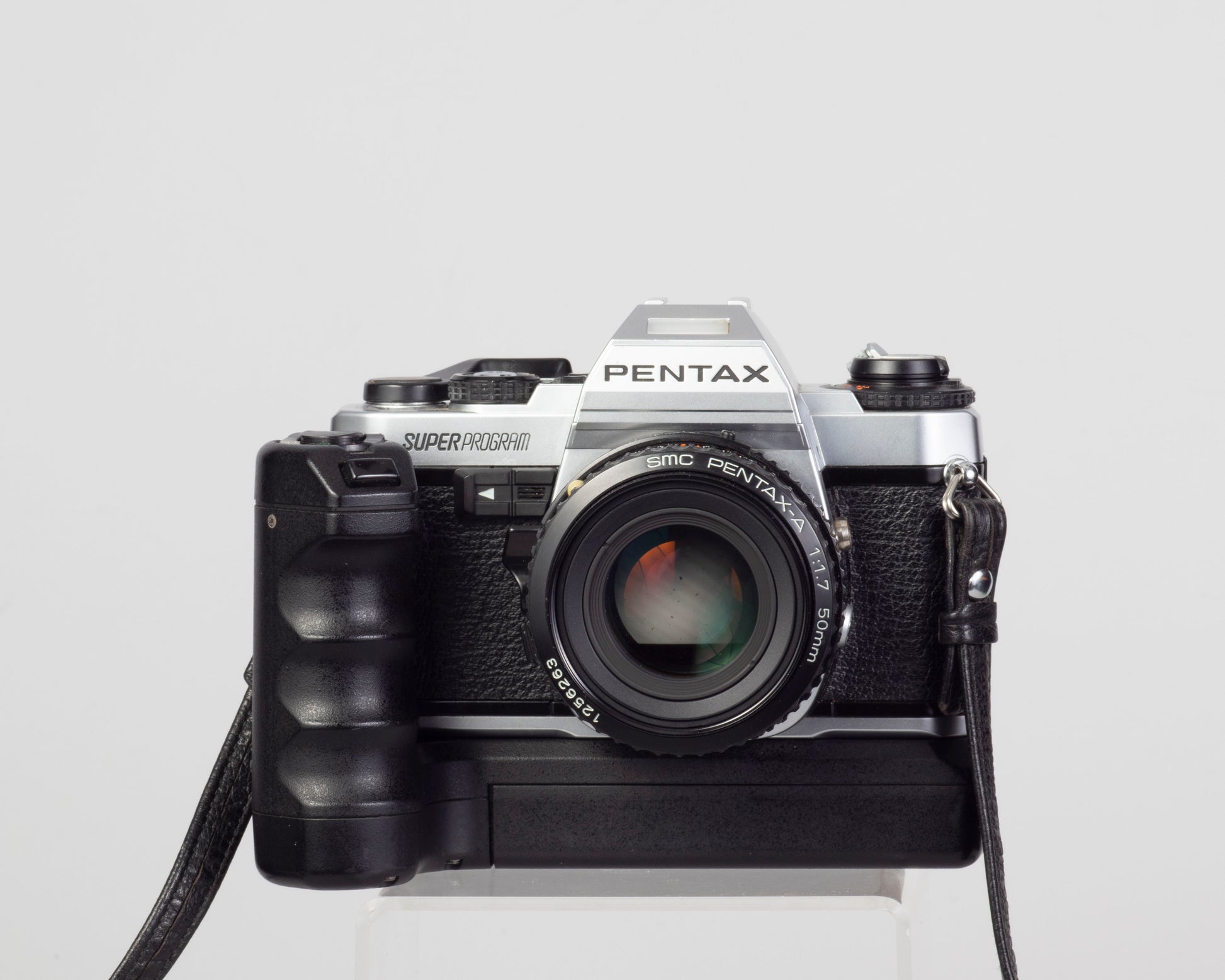 The Pentax Super Program 35mm film SLR with SMC Pentax-A 50mm f1.7 lens and Winder ME II motor drive