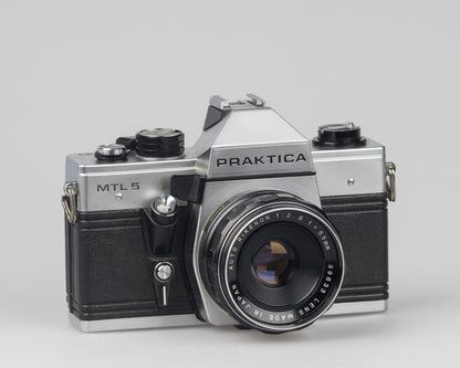 Praktica MTL 5 35mm film SLR camera with Rikenon 55mm f2.8 lens and ever-ready case