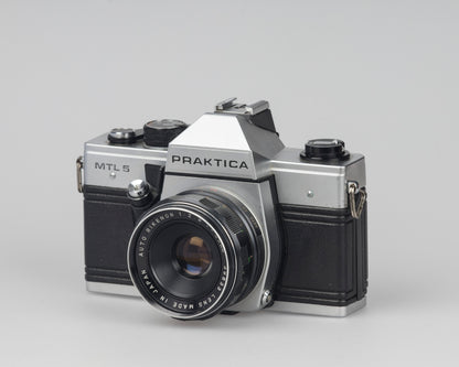 Praktica MTL 5 35mm film SLR camera with Rikenon 55mm f2.8 lens and ever-ready case